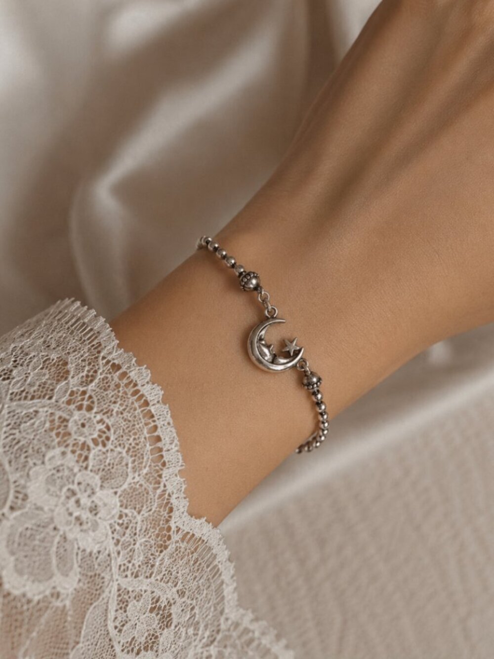 Sterling Silver Moon & Star Beaded Bracelet